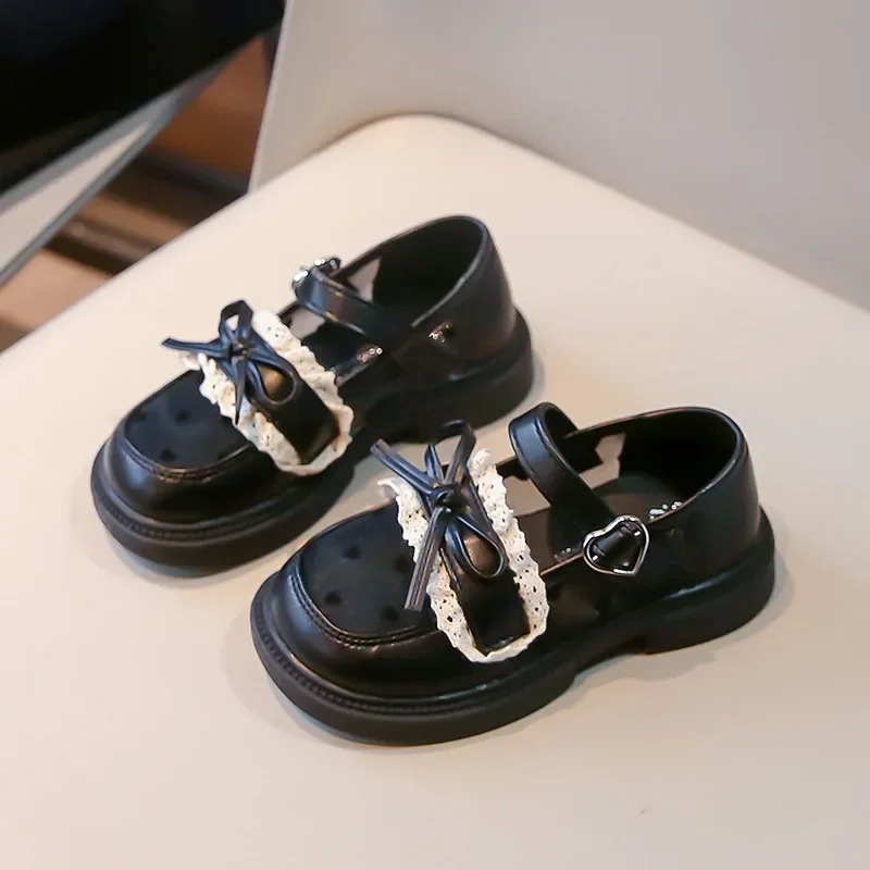 

Children's Leather Shoe Mesh Breathable Black Shoes for Girls Fashion Causal Bowtie Princess Kids Mary Jane Hook Loop New