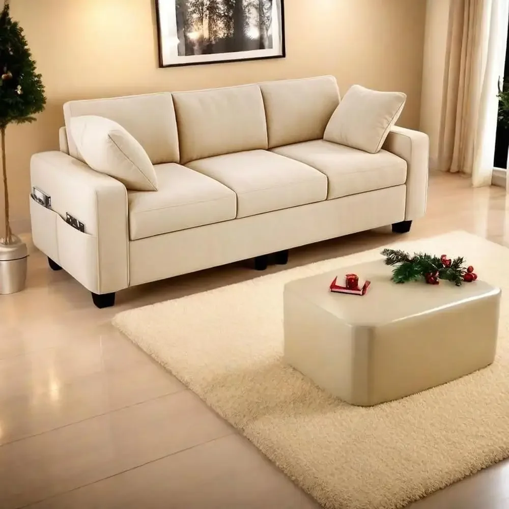 Chenille Fabric 3 Seater Sofa with Storage Pockets Modern Deep Seat Couch Living Room Apartment Office