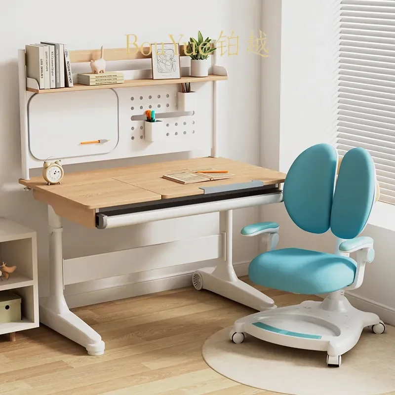 Adjustable Height Kids Study Desk Solid Wood Writing Table Ergonomic Student Workstation with Chair Set for Home Learning