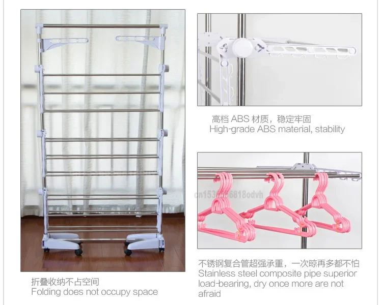 3-layer Foldable Telescopic Drying Rack Stainless Steel Movable Floor Washing Rack Hanging Drying Rack for Towels and Clothes