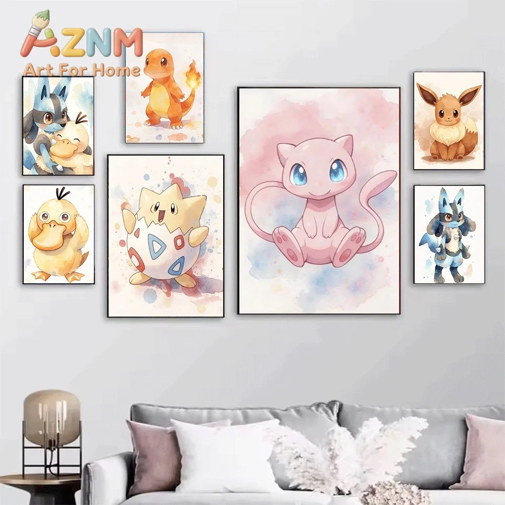 2D Flat Posters & Prints,Squirtle Watercolor Style Canvas Wall Art,2D Flat Frameless Anime Monster Print,Home Decor for Kids B