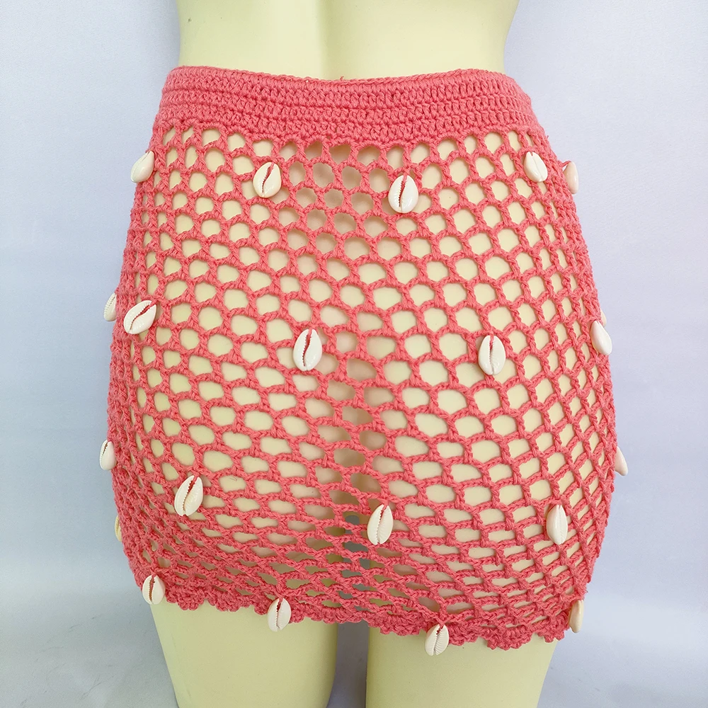 Women Beach Wear Swimsuit Cover-Ups Boho Summer See-Through Hollow Out Bandage High Waist Short Beach Skirt Crochet Knit Skirts