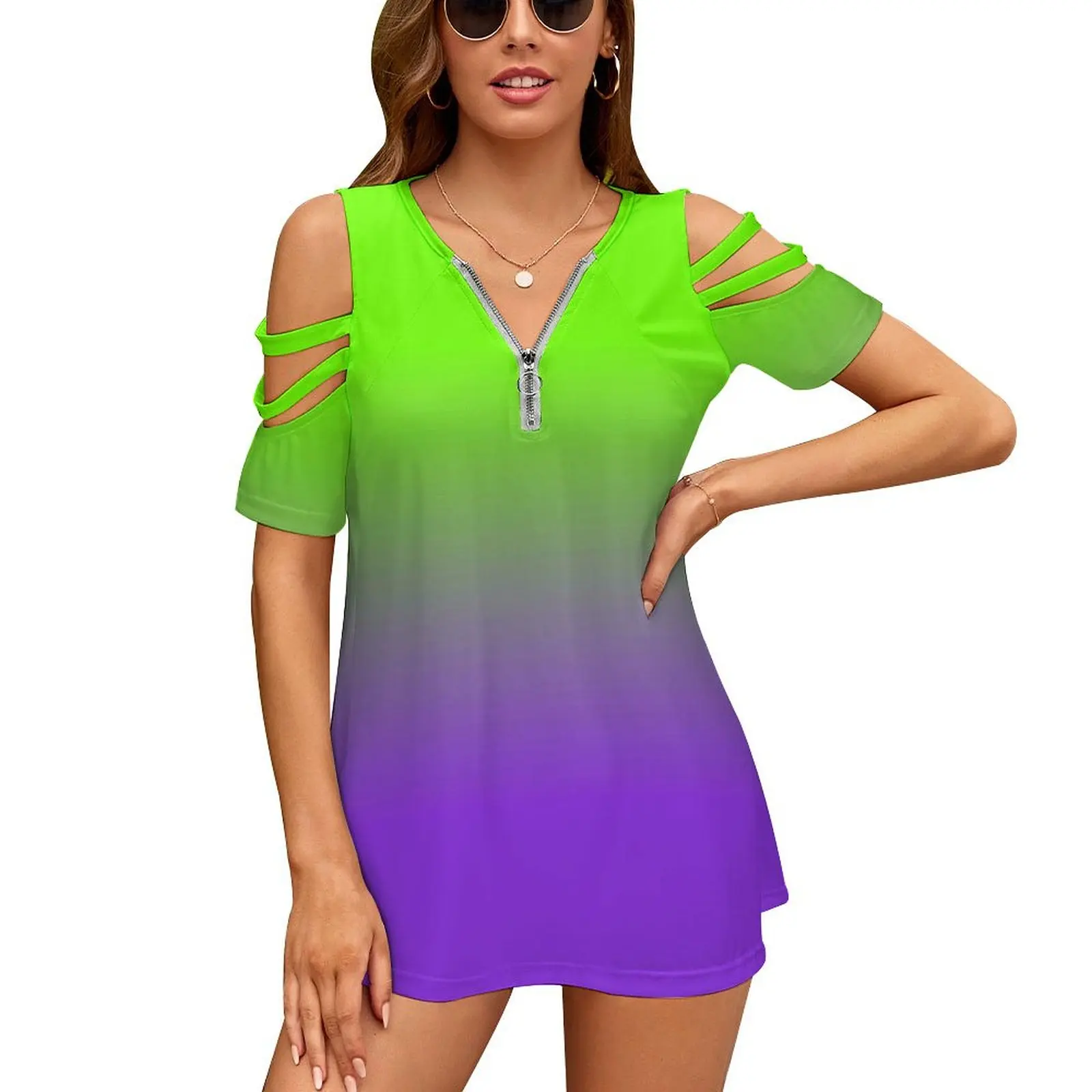 Neon Purple And Neon Green Ombré Shade Color Fade New Fashion Zip Off Shoulder Top Short-Sleeve Women Shirt Neon Green Neon