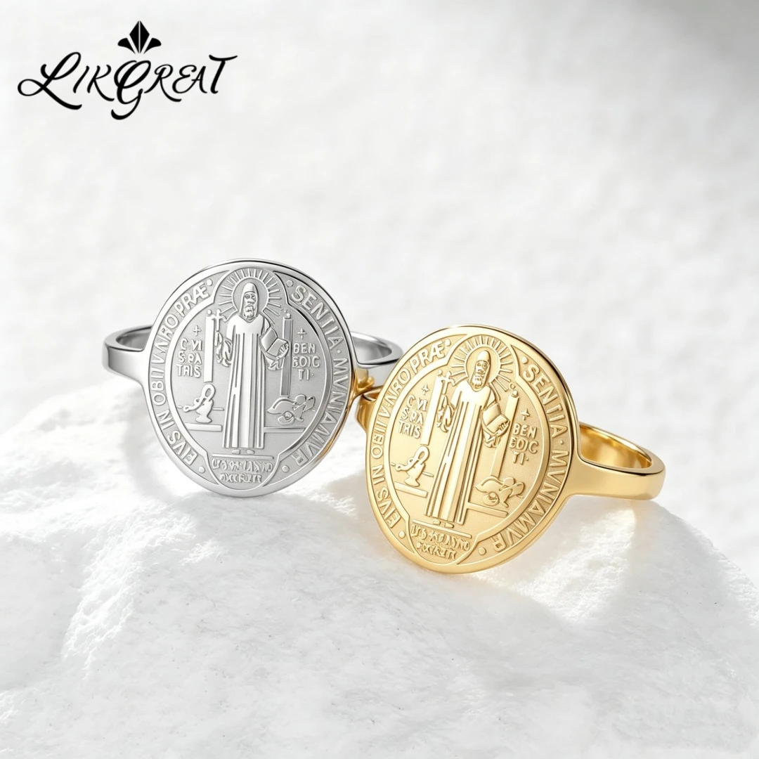 Bague Chevalière Médaille Saint Benoît, Amulette de Protection Religieuse Catholique, en Acier Inoxydable, Style Vintage, Bague de Foi Unisexe, Bijou de Prière, Cadeau