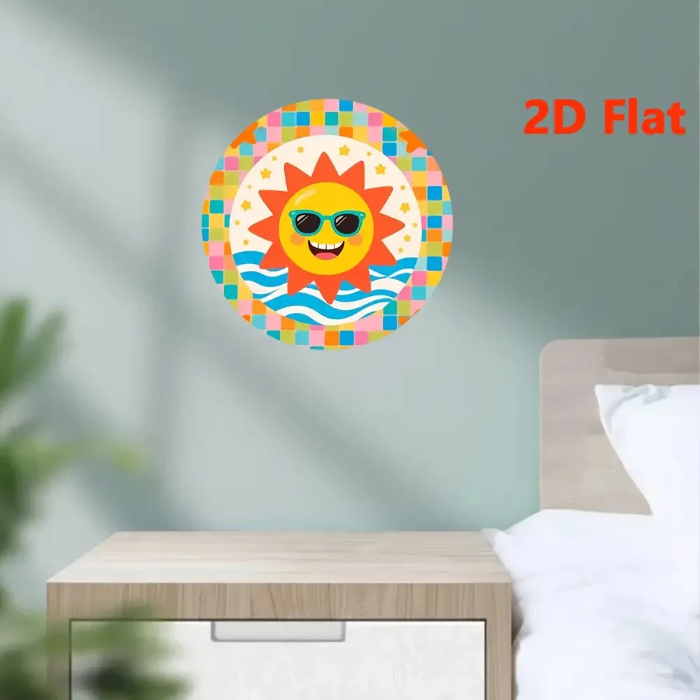 2D Flat, 2D Flat 2D Vintage Round Wooden Wall Art - 8x8 Inches, Featuring a Bright Sun and Wave Pattern, Made from Engineered Wo
