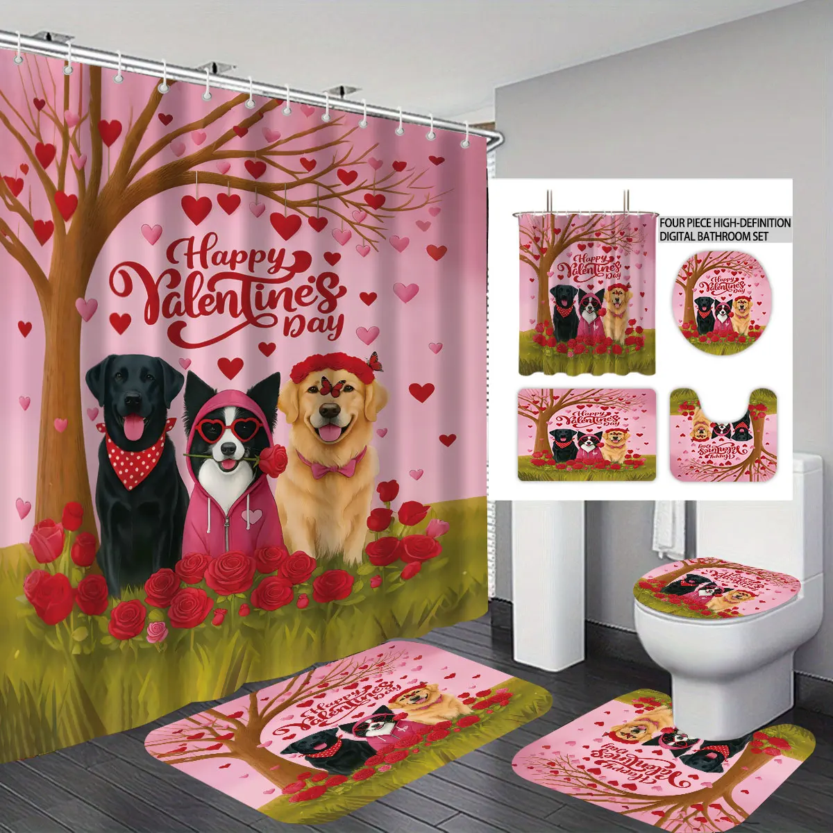 

4pcs Valentine's Day Romantic Pink Love Dog Printed Bathroom Set Waterproof Shower Curtain Floor Mat Toilet Mat U-shaped Mat