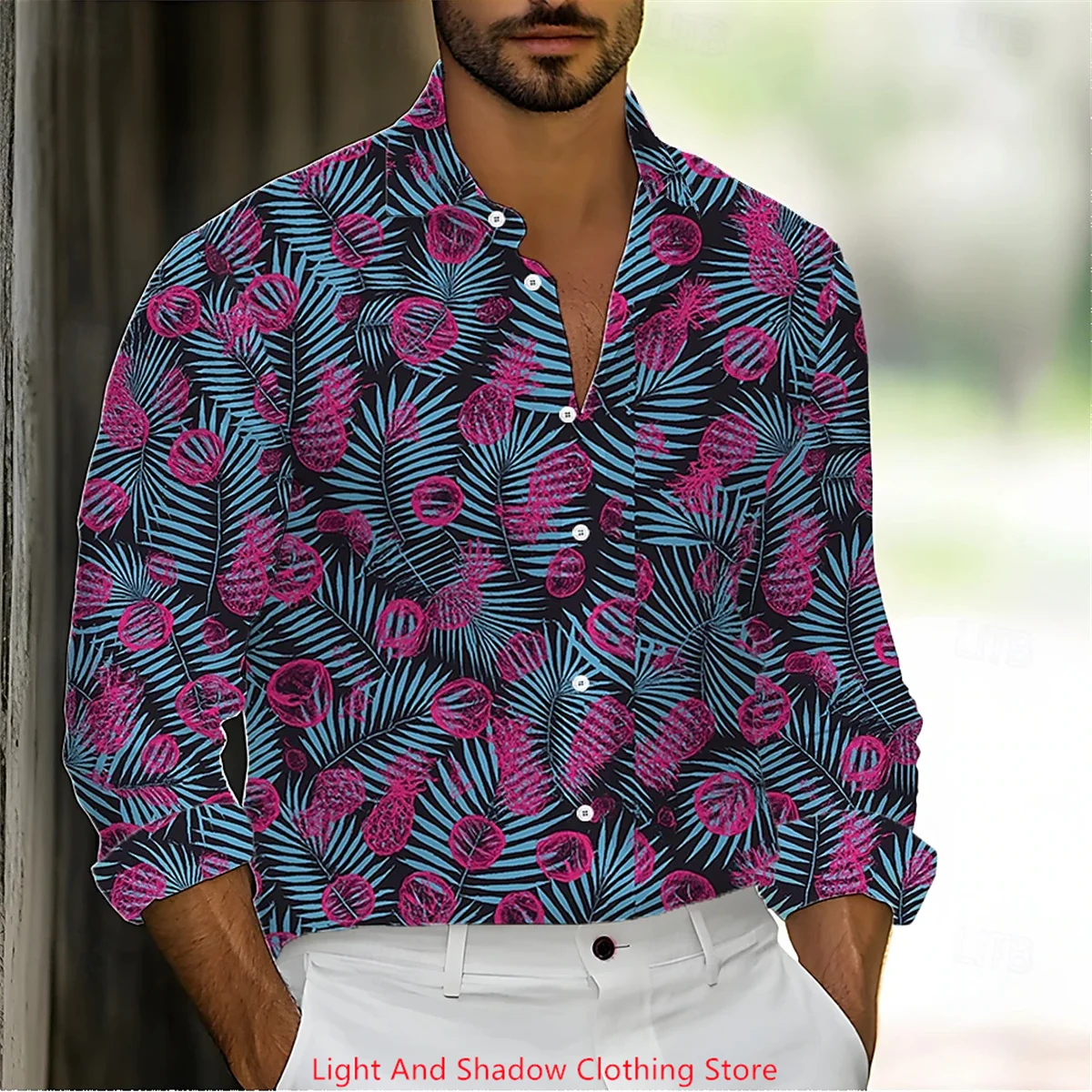 Men's Tropical Plant Palm Tree Pattern Printed Shirt Fashion Hawaiian Style Long Sleeve Collar Shirt Street Comfort Shirt