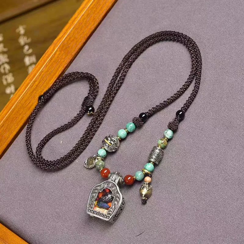 Tibetan Style Old Copper Gawu Box Pendant Sweater Chain Agate Turquoise Backflow Bone Accessories Handmade Woven Rope Necklace