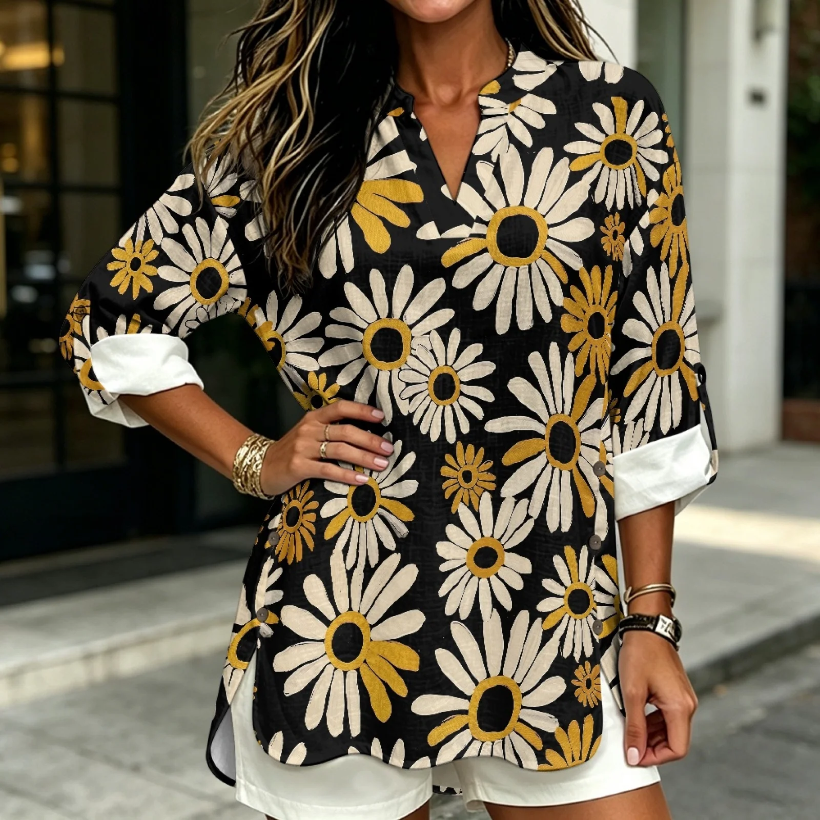 PENSTROLL Yellow White Daisy Cozy V Neck Blouse for Women Linen Like Long Sleeve Tops Tunic Shirts