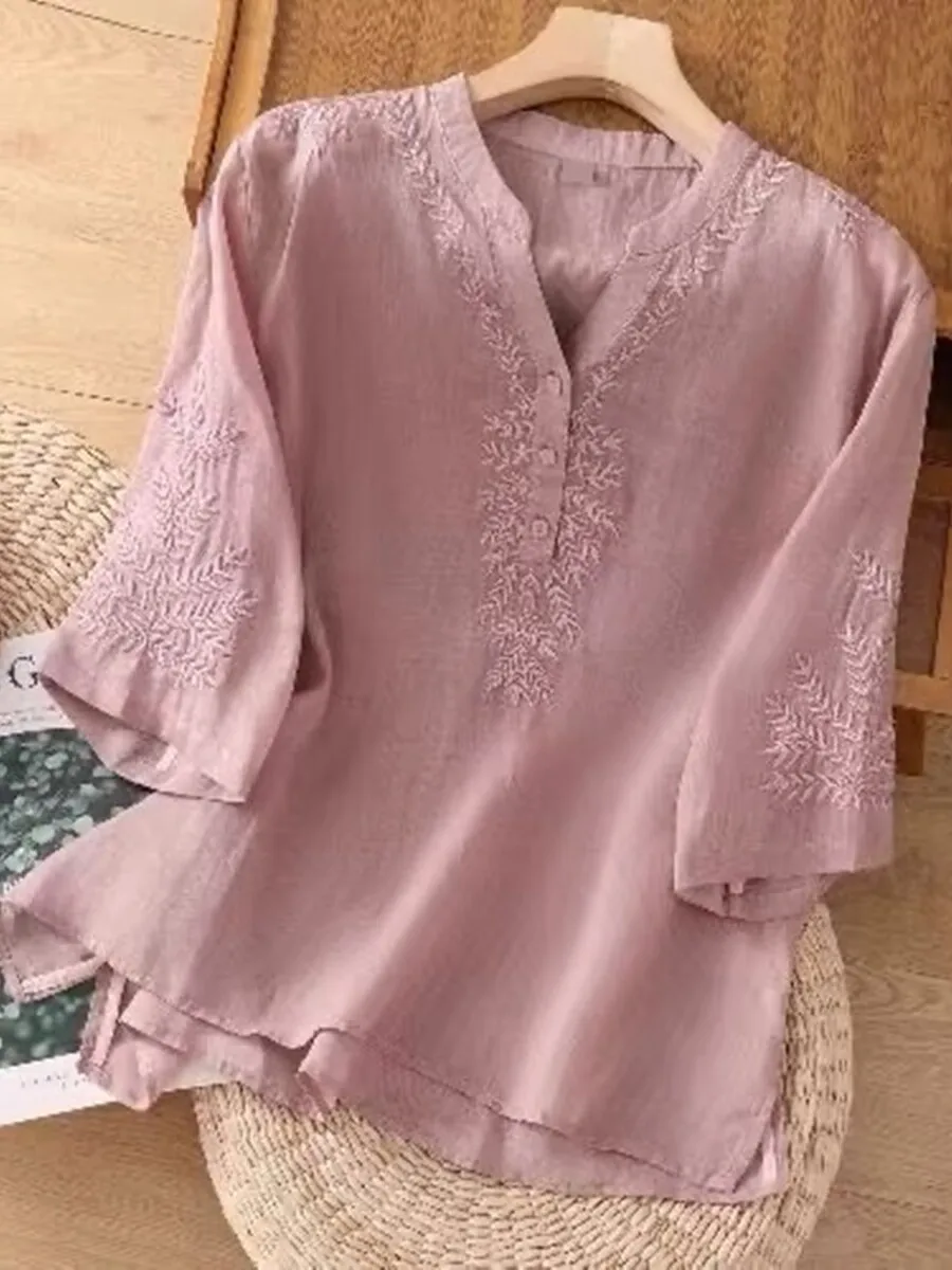 

Ретро-топ в китайском стиле с вышивкой, из хлопка и льна, женский летний новый свободный повседневный топ, модный для мам, рукав до локтя