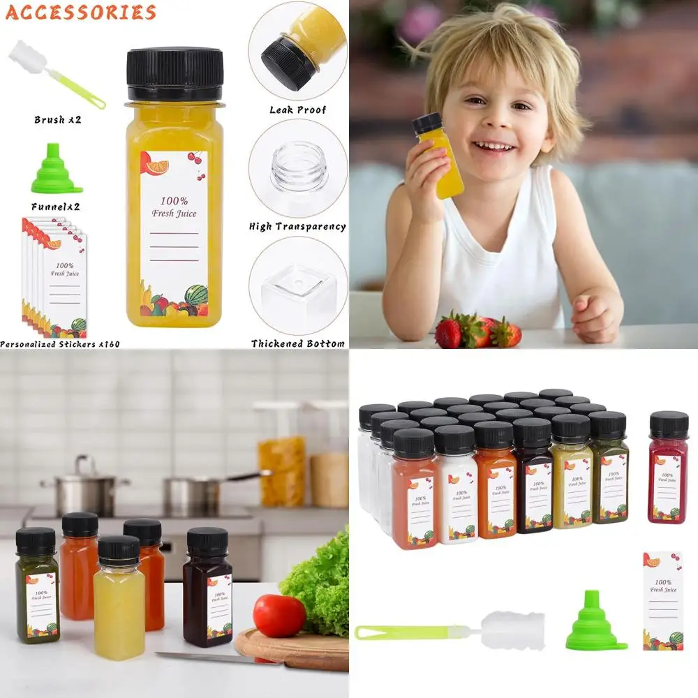 

150 Pack 2 oz Reusable Clear Plastic Water Bottles with Brushes, Funnel, Stickers for Beverages, Smoothies, and More