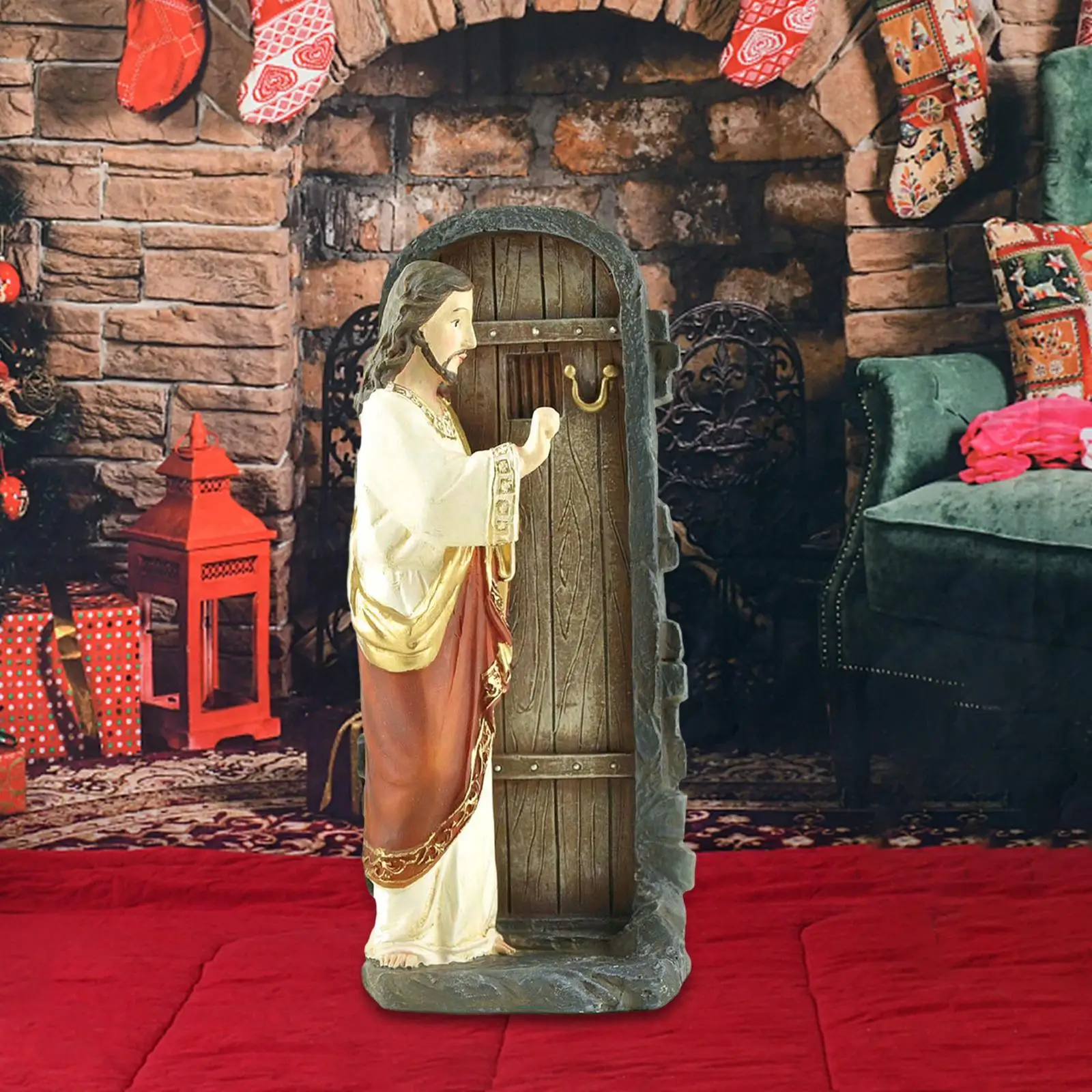 13cm Christmas Jesus Knocking at The Door Figurine Collection Jesus Ornament Resin Material for Shelf Displaying Exquisite