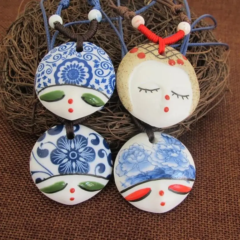 

Handmade Doll Head Ceramic Necklace, Female Ethnic Style Ceramic Jewelry, Sweater Chain