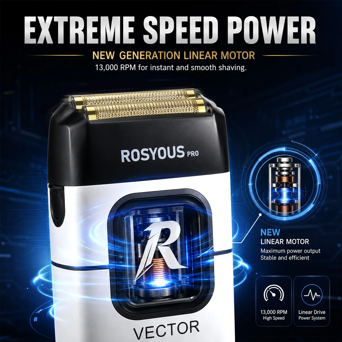 ROSYOUS Shaving Razor Man 13000RPM Vector Motor Metal Body with Base Charger Double Foil Professional Barber Machines RS-999W