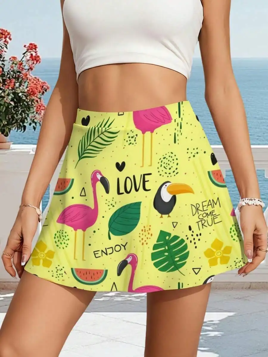 

Women Summer Mini Skirt With Flamingo Toucan Watermelon Print Casual A-Line Skirt