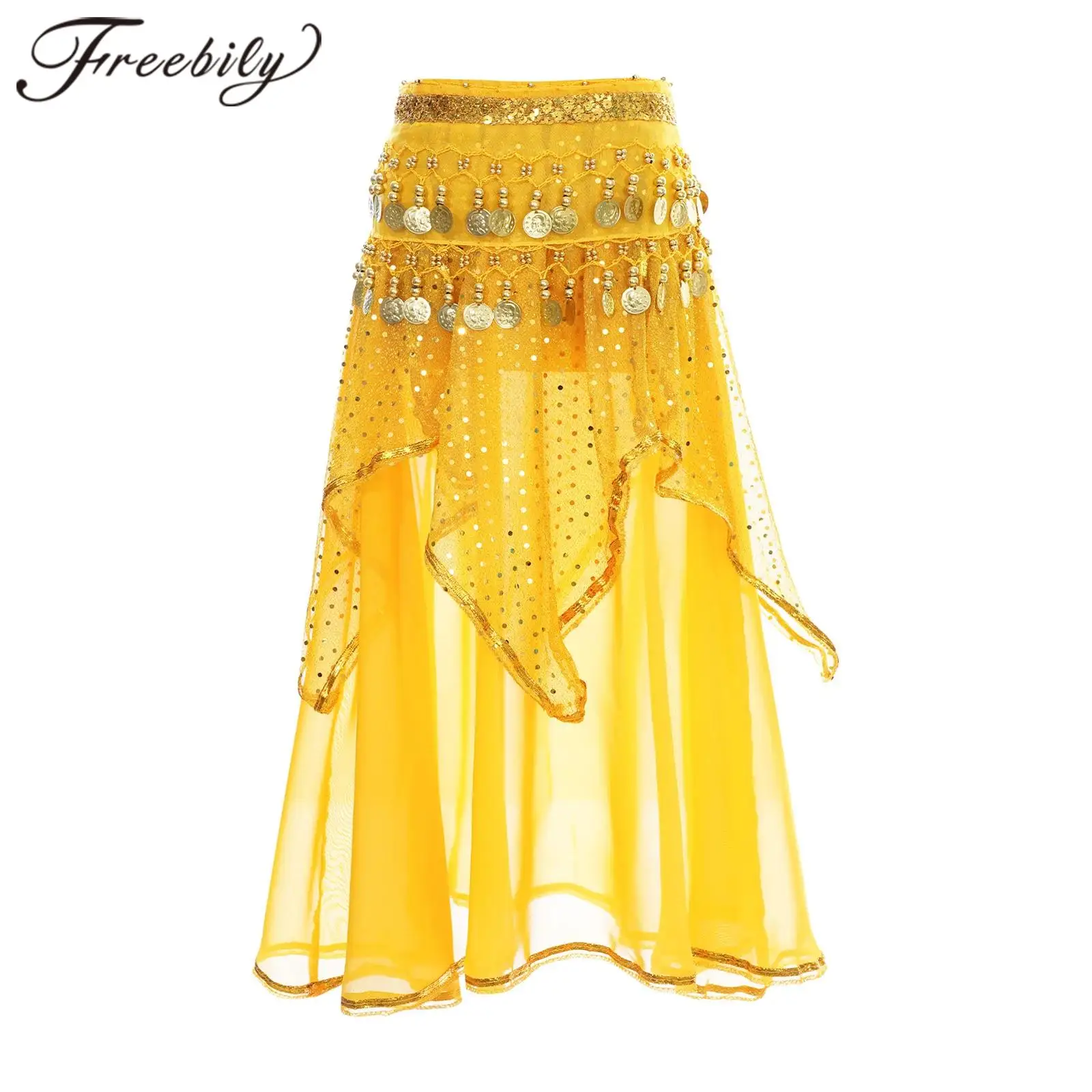 

Kids Girls Tassel Sequins Dots Belly Dance Skirt with Beads Hip Scarf Halloween Theme Party Stage Performance Costumes Dancewear