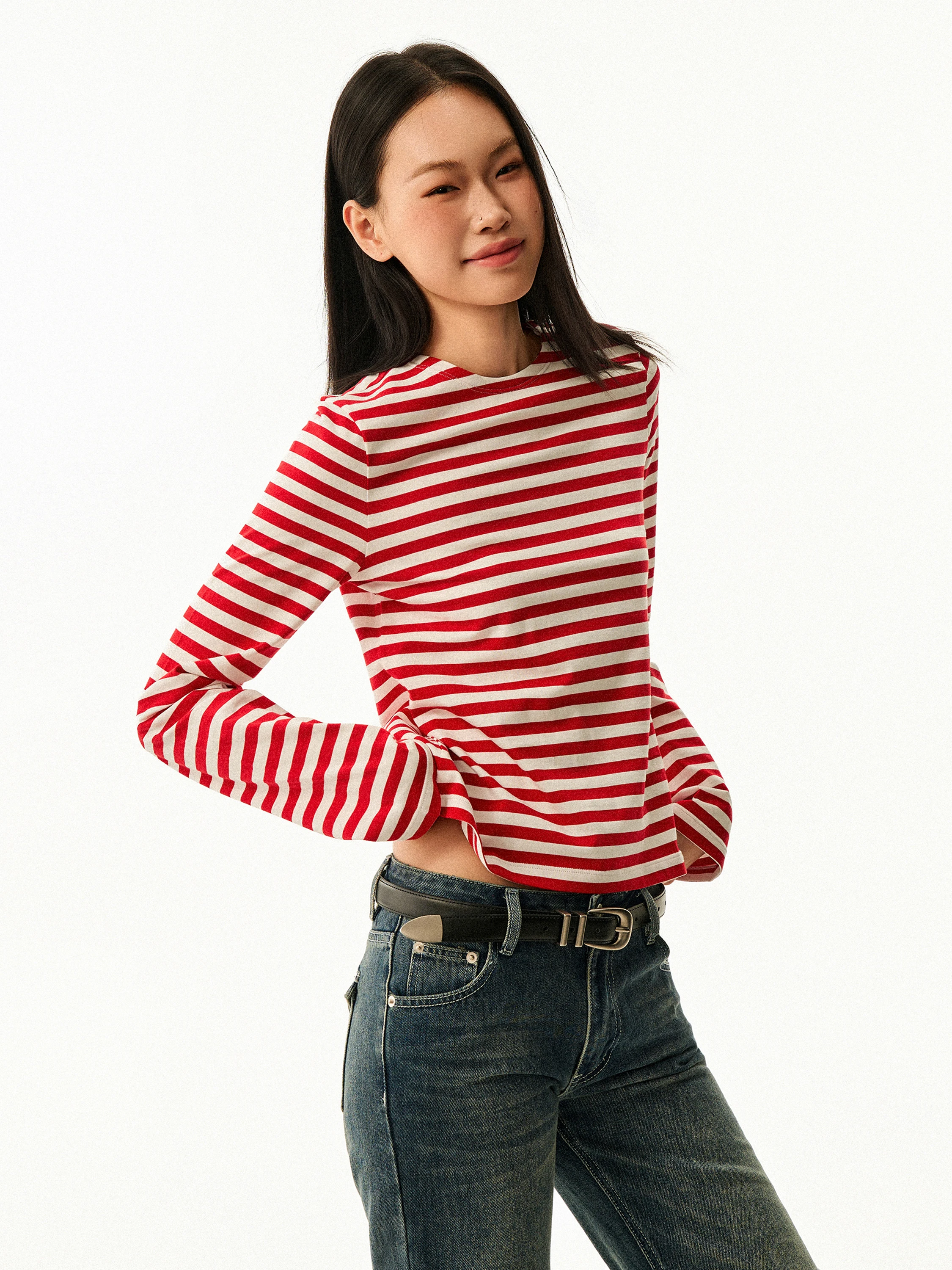 Loose Long Sleeve round Neck T-Shirt Women's Slim Fit Casual Style Red Stripe Design Autumn New Arrival GO GO BURN Brand