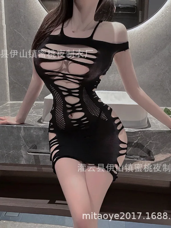 セクシーな中空サスペンダーヒップハグメッシュドレス魅惑的なホットスリムパジャマドレスエレガントなファッションセクシーな韓国女性ミニドレス HM0R