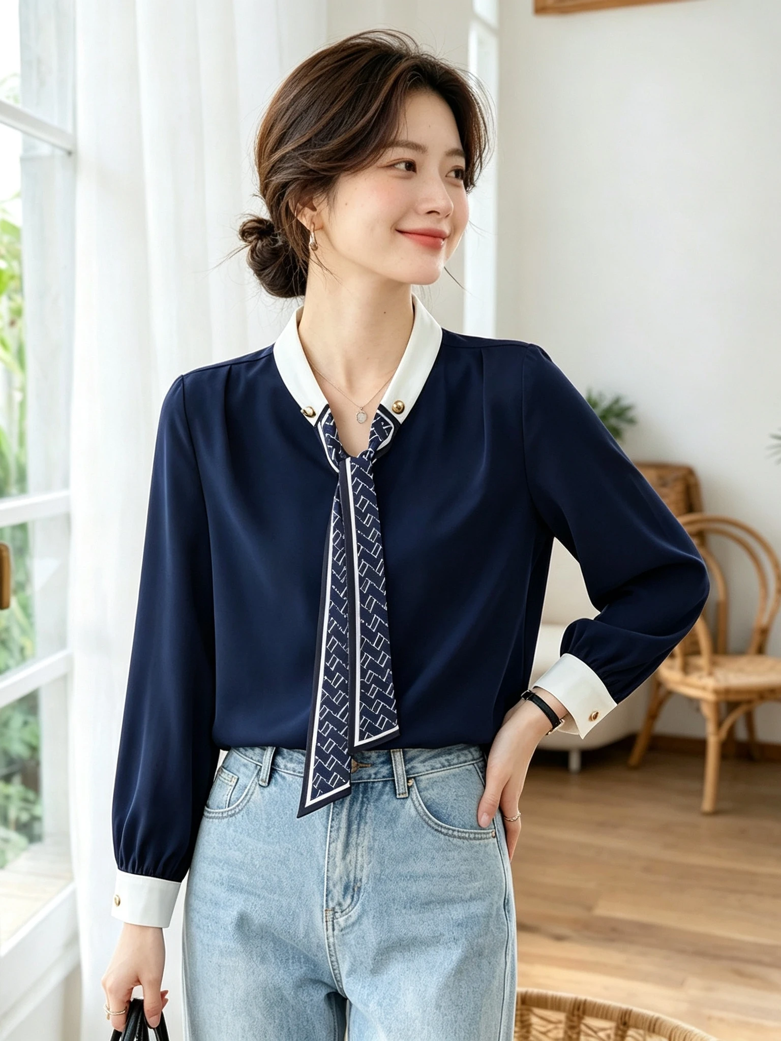 Elegant Sash Long Sleeve Shirt Women's Royal Blue Professional Atmosphere Design High Sense of Luxury Commute Straight Tube Top