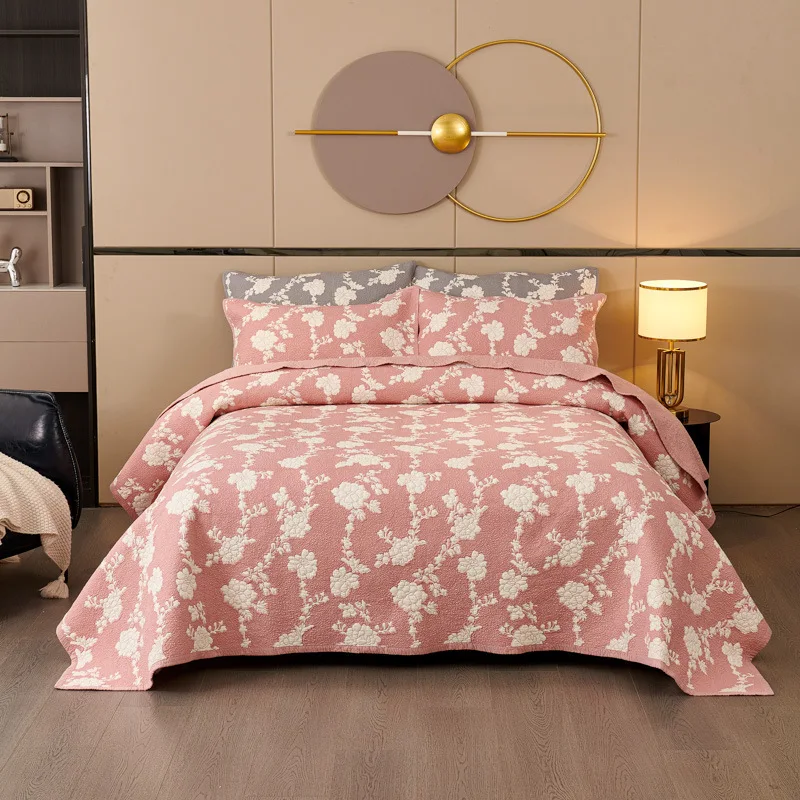 High-End King Size 3-Piece Embroidered Quilt Bedspread Set 100% Cotton All-Season Thin Coverlet Comforter Home Decor