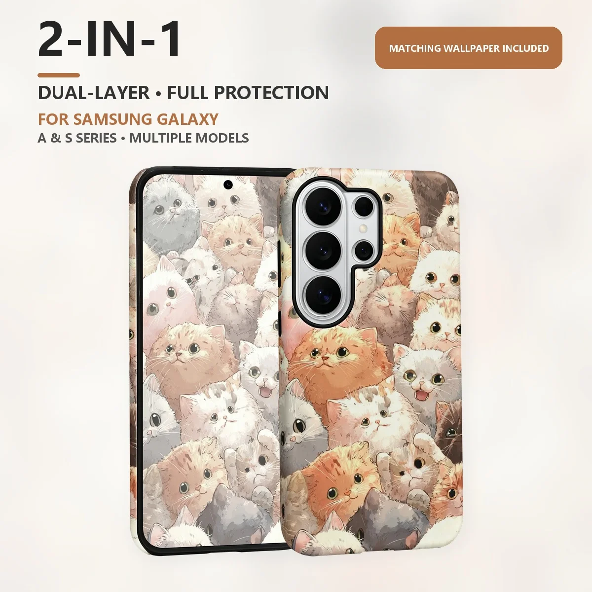 Cute Kitten Faces 2-in-1 Dual-Layer Phone Case for Samsung Galaxy S26 S25 S24 S23 S22 S21 Plus Ultra FE S20 FE A56 A17 A16 A15