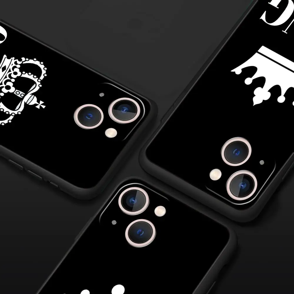 Couple Style Cartoon Crown king Queen Luxury Phone Case For iPhone 13 15 14 12 Mini 11 Pro MAX XR X SE XS 7 8 Plus Black Cover