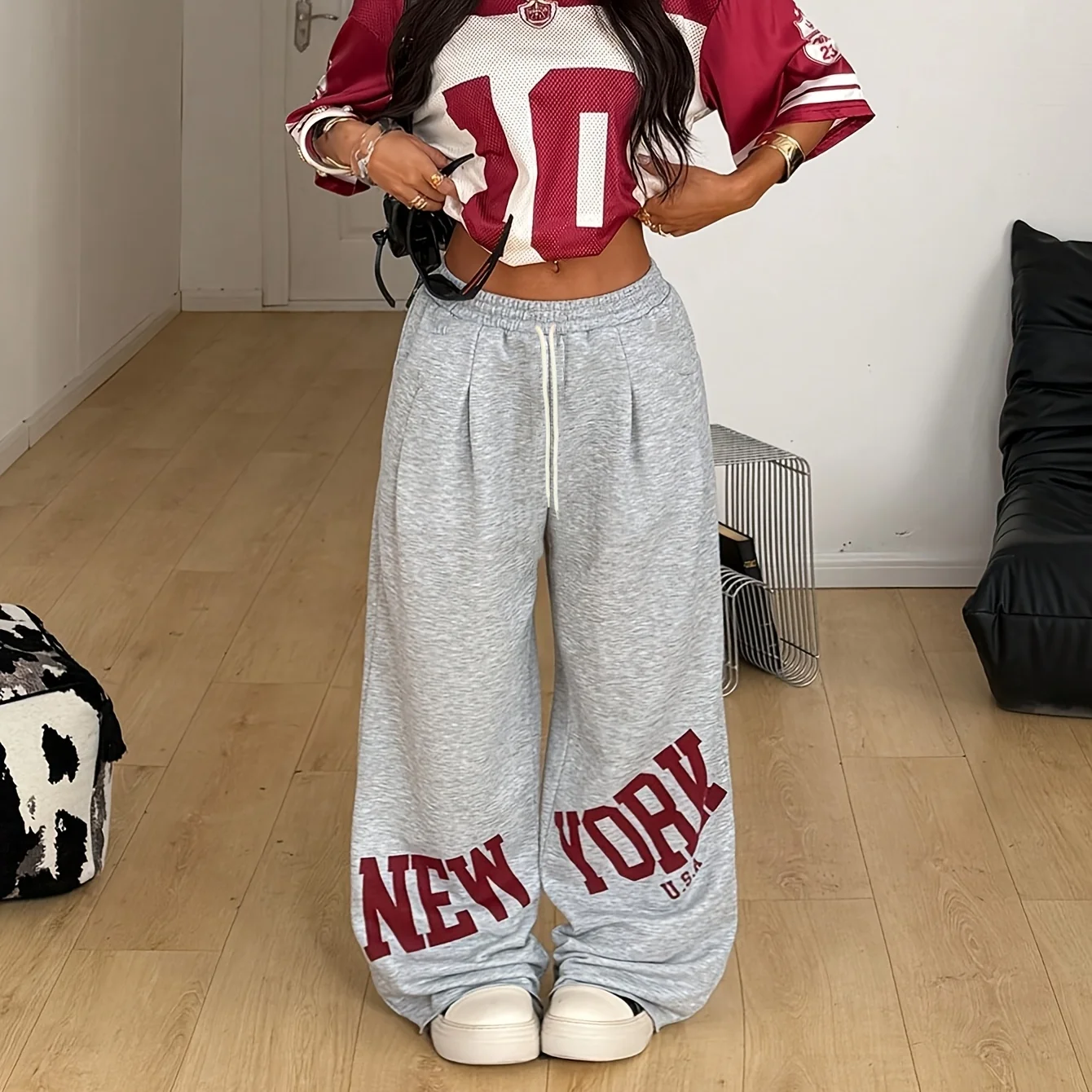 2026 Sommer Grau NEW YORK Print Weite Jogginghose, Elastischer Bund, Locker Sitzende Streetwear-Hose für Freizeit und Alltag Kinder