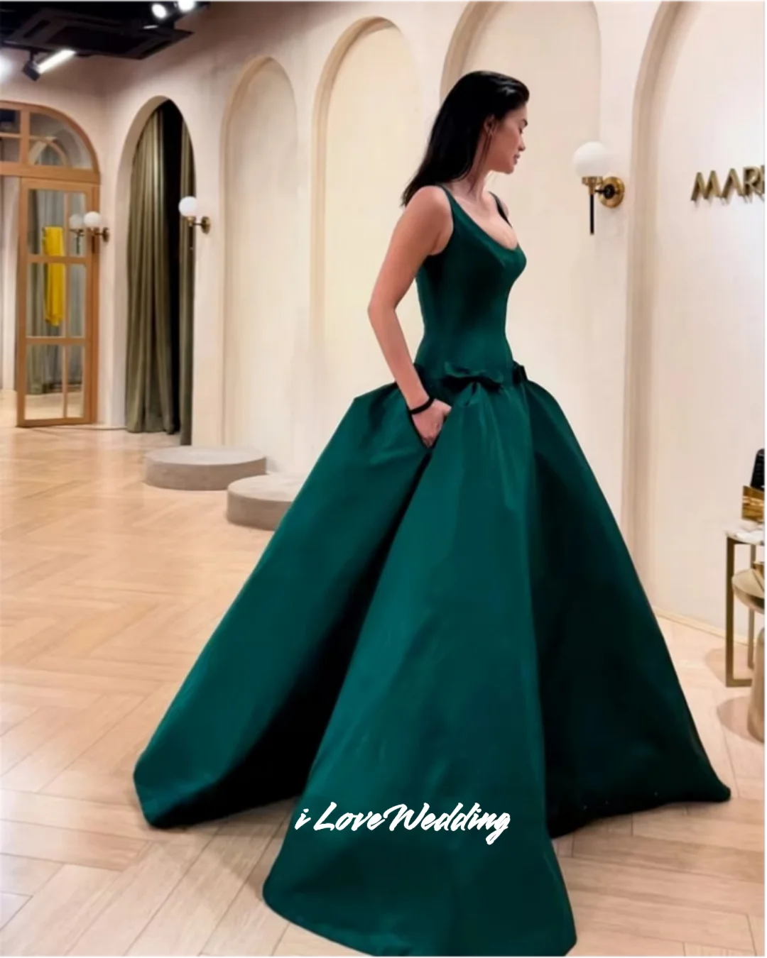 Emerald Green Satin Prom Dress Square Neck Sleeveless Corset Ball Gown Floor-Length Formal Evening Gown Wedding Guest Customized view 3