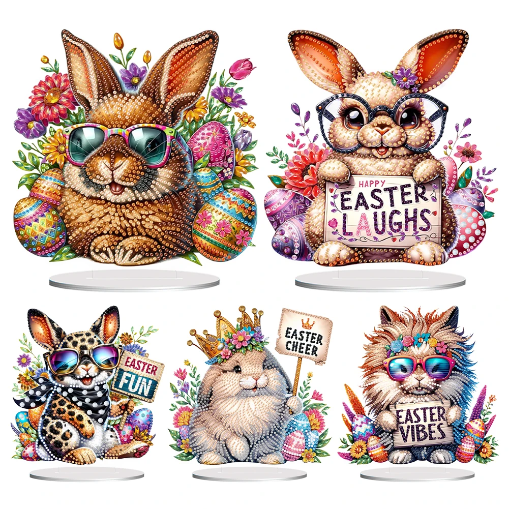 

2D Flat Easter Rabbit DIY Diamond Painting Desktop Ornaments Kit Special Shape Single-Sided Drill for Home Office Desktop Decor