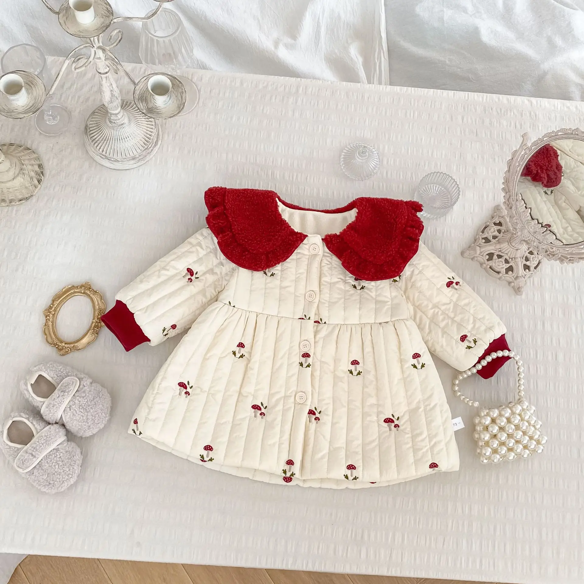Infant Warm Cardigan Coat Baby Girl Cute Embroidery Quilted Jacket 2025 Winter New Girls Cotton Padded Jacket Plus Velvet Thick