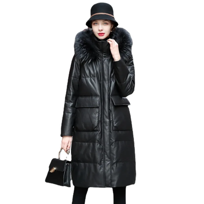 Women's Winter Warm Leather Down Jacket, Raccoon Fur Collar, Sheepskin Leather Coat, Simple Long Style, Genuine Leather