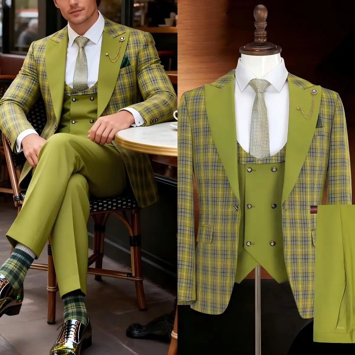 Line Checked Formal Suits Fashion Men Peaked Lapel One Button Slim Fit Business Wear 3 Piece Office Daily Set Custom