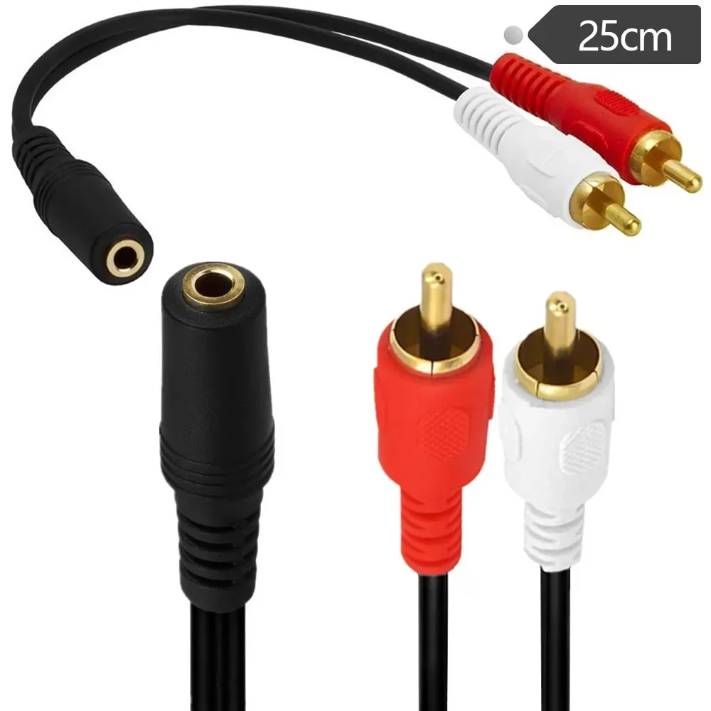 3.5mm plug(Females) to two RCA Jacks （Male)，0.25m Gold plated computer adapter case audio cable, lotus cable