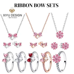 925 Sterling Silver Red Heart-shaped Ring Earrings Necklace Charm Sparkling Women's Jewelry Gift Fashion Light Luxury Making