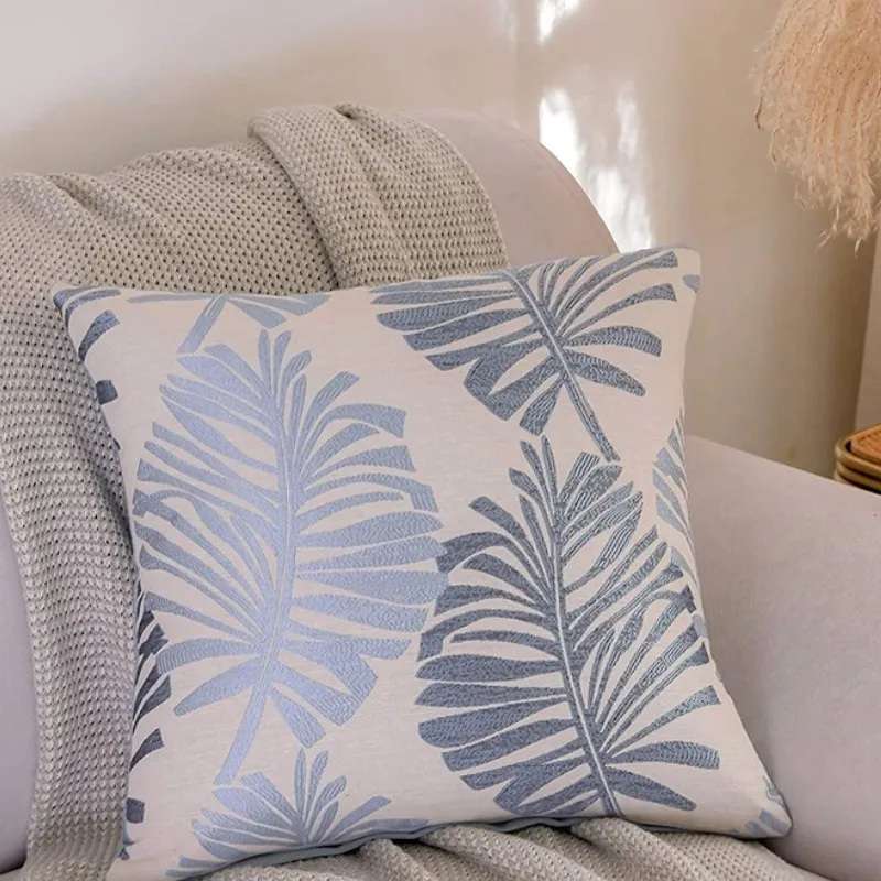 Leaf Jacquard Throw Pillow Covers 18x18 Inch Decorative Blue Grey Leaf Gift Pillowcases Square Cushion Covers for Couch Sofa 방석