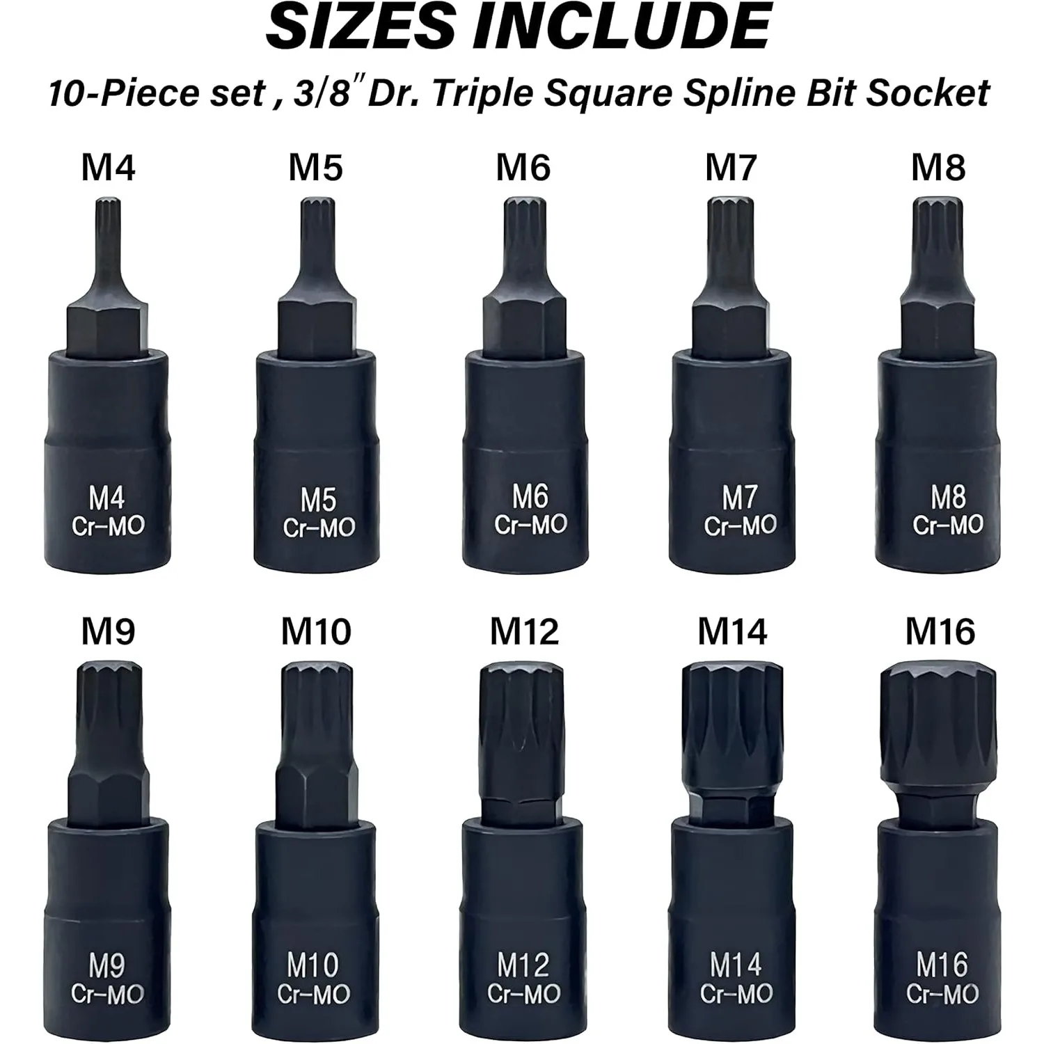 10-Piece Triple Square Spline Bit Socket Set Cr-Mo Steel M4 - M16 Spline Bit Socket Head 3/8-Inch Drive Enhanced Storage Case