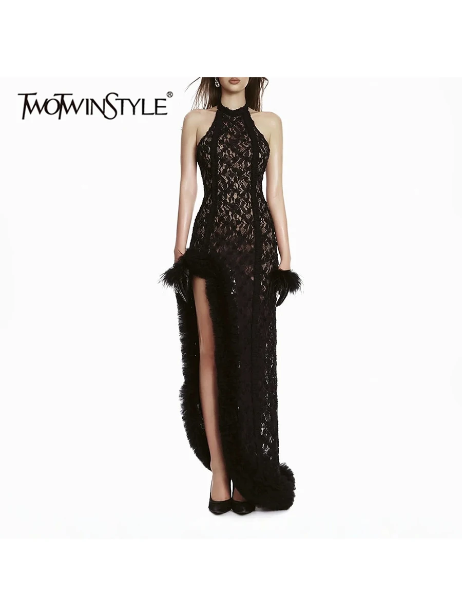 TWOTWINSTYLE Spliced Flower Slimming Maxi Dress for Women Halter Sleeveless Patchwork Artificial Fur Sheer Dresses Female New