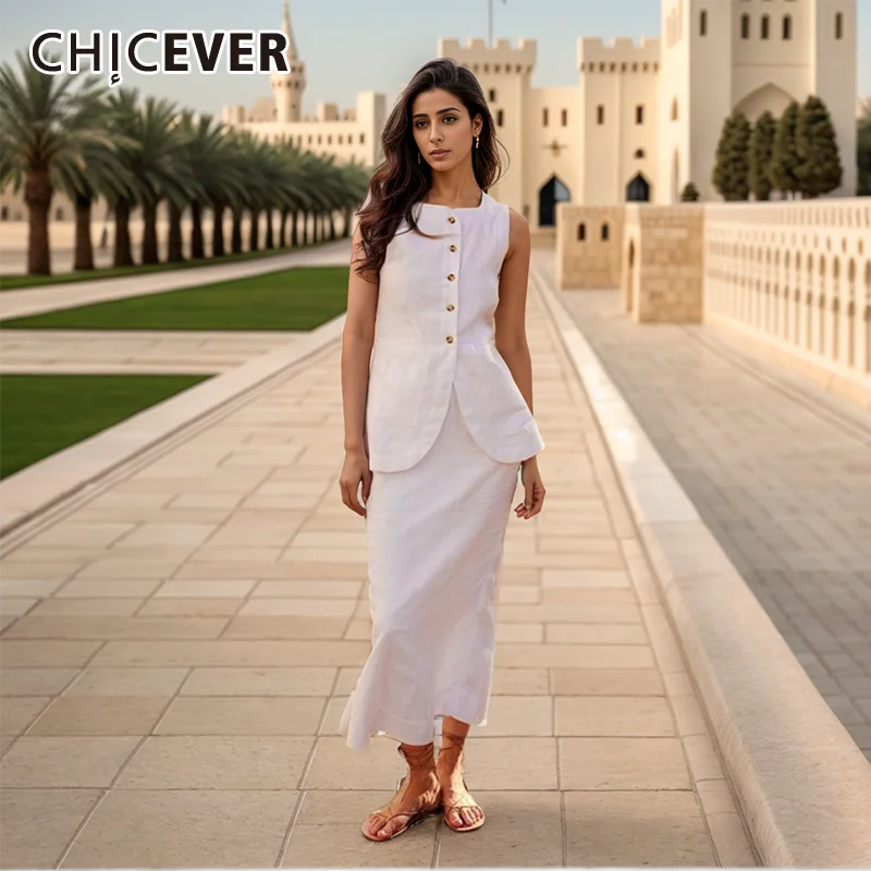 

CHICEVER Solid Cotton Two Piece For Women O Neck Sleeveless Spliced Buttons Top High Waist Slimming Midi Skirt Set Female Summer