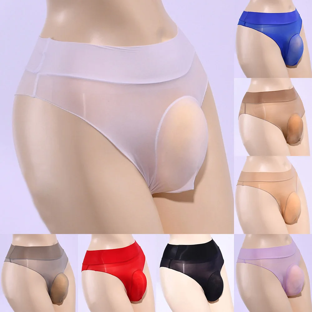 See Through Men Briefs Sheer High Waist Oily Glossy Bulge Pouch Panties G-string Thong Breathable Gay Underpants Erotic Lingerie