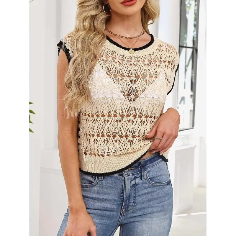 Womens Summer Colorblock Short Sleeve Sweater Crochet Hollow Out Knit Tops Pullover Shirts Beach Coverup
