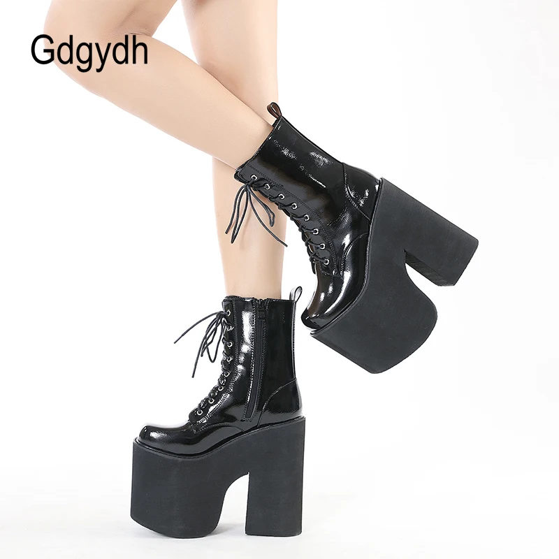 Gdgydh High Platform Boots Women Goth Punk Chunky Heels Catwalk Combat Boots Lace Up Daughter Patent Vegan EMO Booties Plus Size