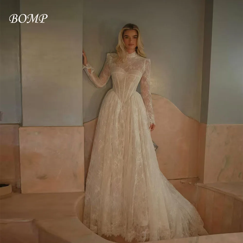 BOMP-Vestido de novia de lujo con cuentas de encaje de color marfil, Vestido de fiesta de boda con cuello alto y mangas completas, Vestido de novia personalizado