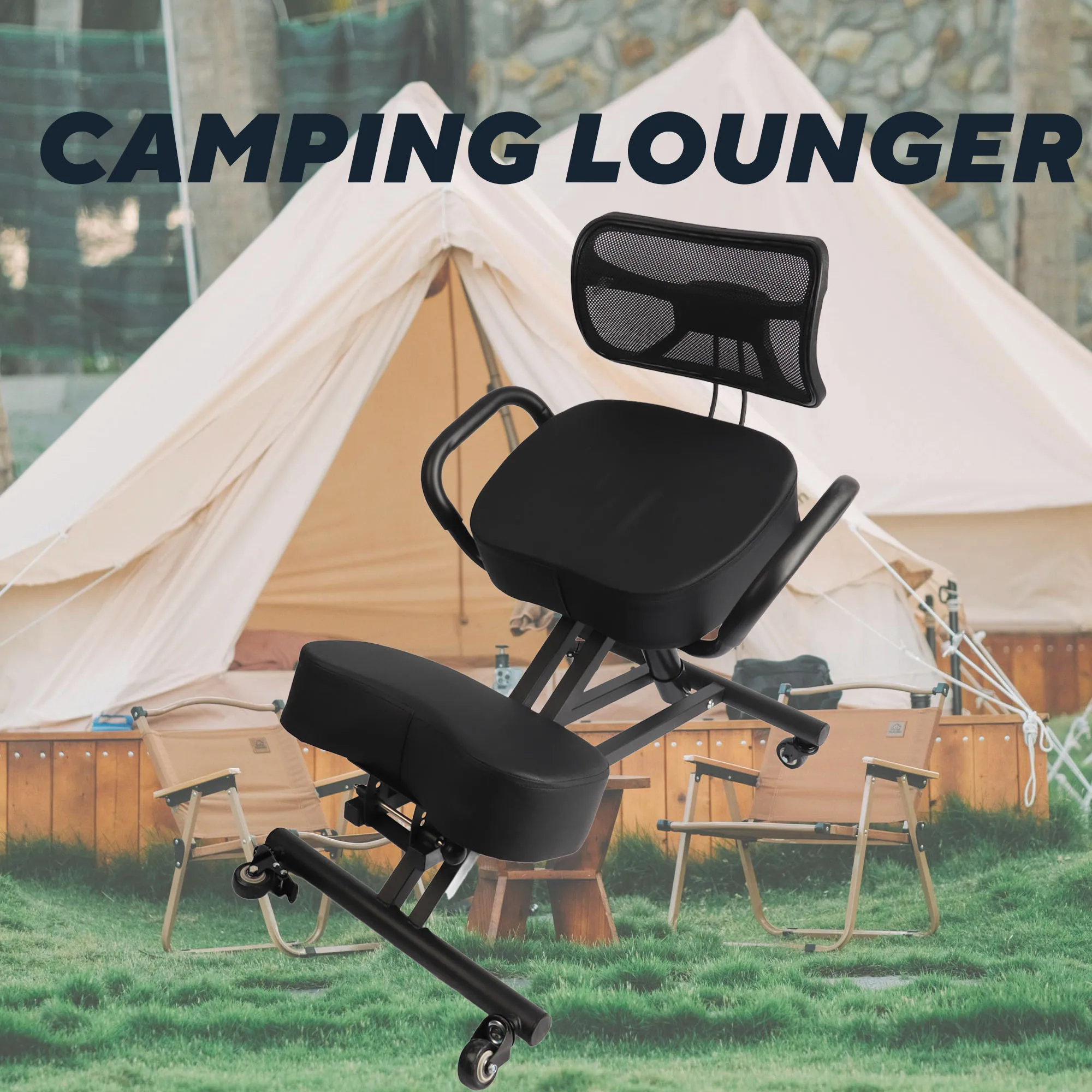 Camping Recliner Height Adjustable Ergonomic Breathable Back Kneeling Chair w/ Leather Cushion