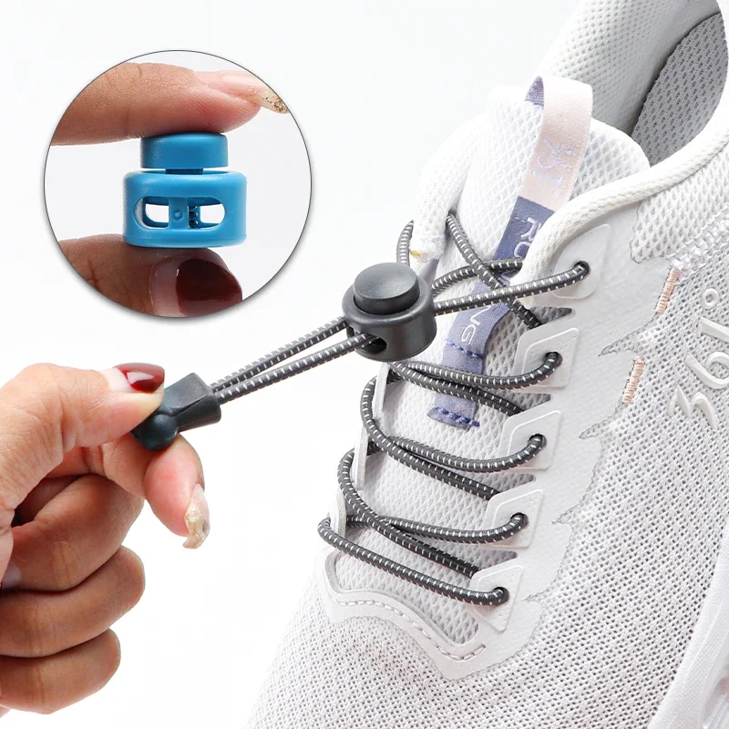 1Pair No Tie Round Elastic Shoelaces with Plastic Buckle Replacement Shoestrings for Adults Kids Running Sneakers Athletic Shoes