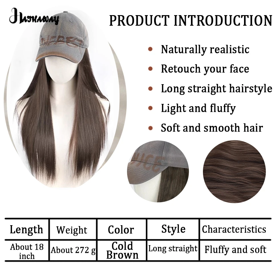 18 Inch Long Straight Hair Hat Wig Female Synthetic Hat Wig One Long Hair Fashion New Retro Baseball Long Straight Hair wig Hat