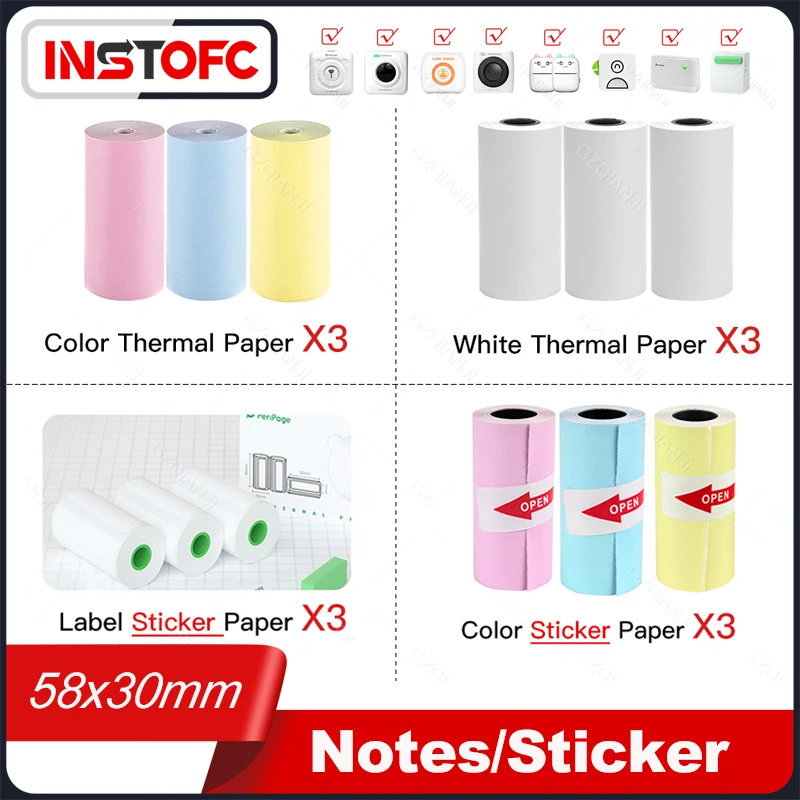 58x30mm Printing Thermal Paper Rolls for Mini Photo Bill Receipt Printer White Colorful Adhesive Sticker for Peripage A6 A8