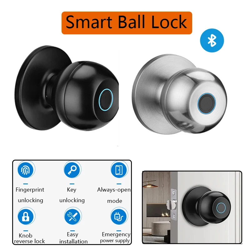 สมาร์ทบอลล็อค ล็อคประตูด้วยลายนิ้วมือ ปลดล็อคด้วยแอพพลิเคชั่น บลูทูธ สำหรับประตูไม้ในอพาร์ทเมนต์ สำนักงาน และห้องพัก