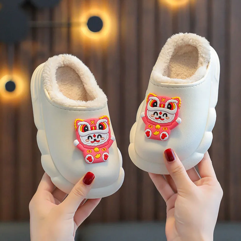 Winter Cartoon Boys Girls Slippers PVC Waterproof Soft Children Slippers Warm Plush Anti Slip Kids Home Shoes