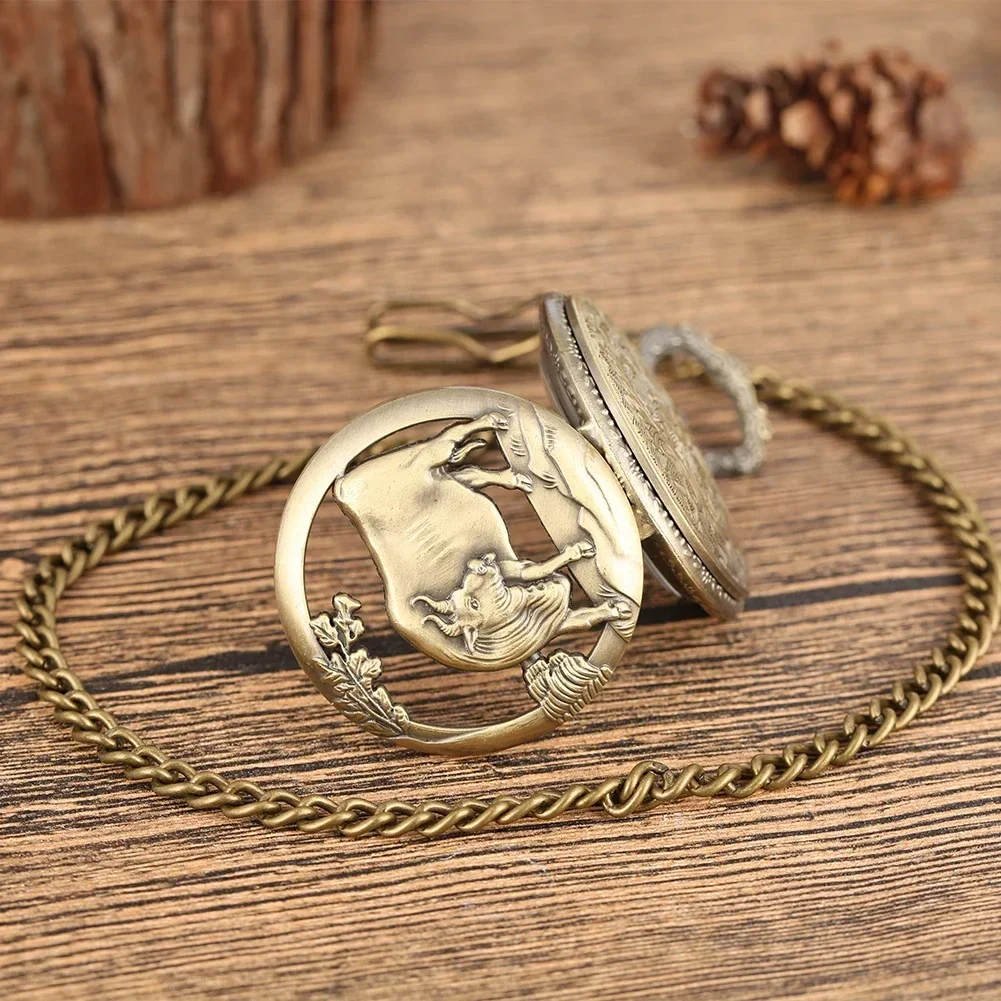 Quartz Pocket Watch Bronze Hollow Chinese Zodiac Cattle Design Steampunk Arabic Numerals Display Fob Watches Necklace Pendant