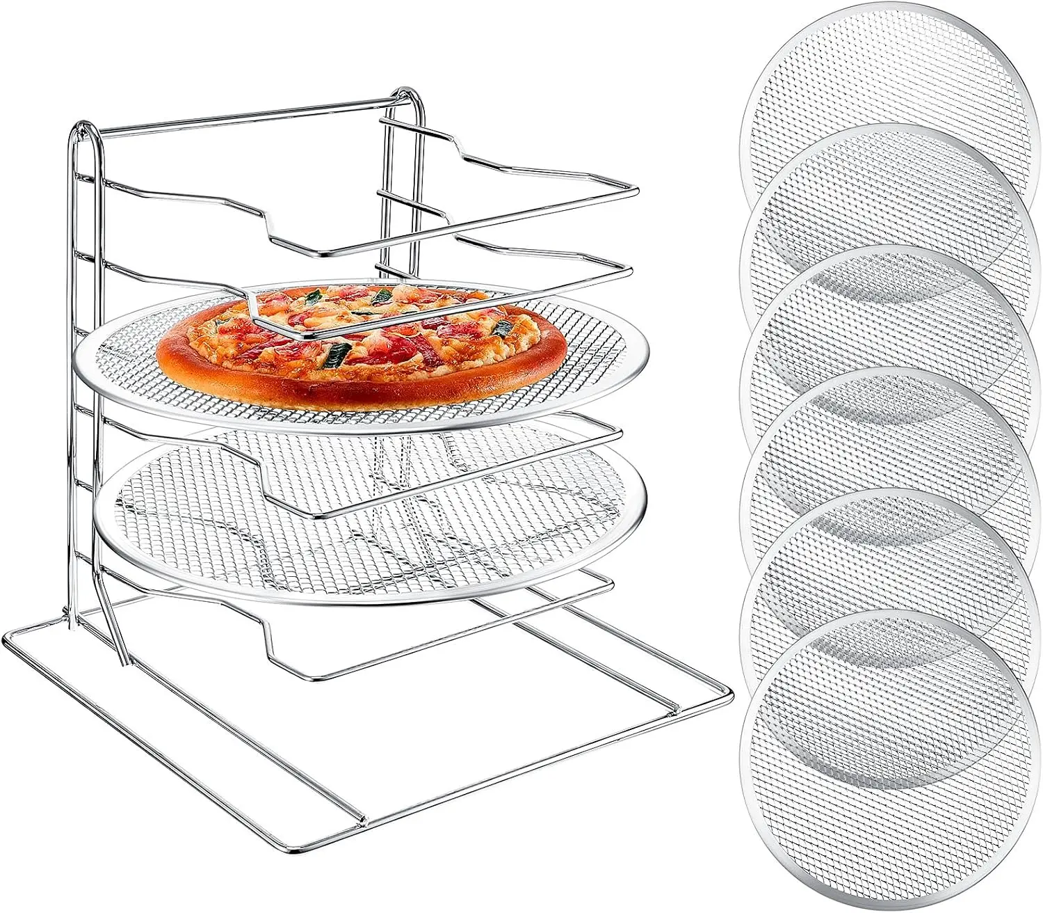 Pizza Rack 8 Tiered Stand With 8 Aluminum Baking Pans With Holes Commercial Pizza Display Shelf Countertop Cooling Rack Set For Home Restaurant Kitchen 12 Inch view 8